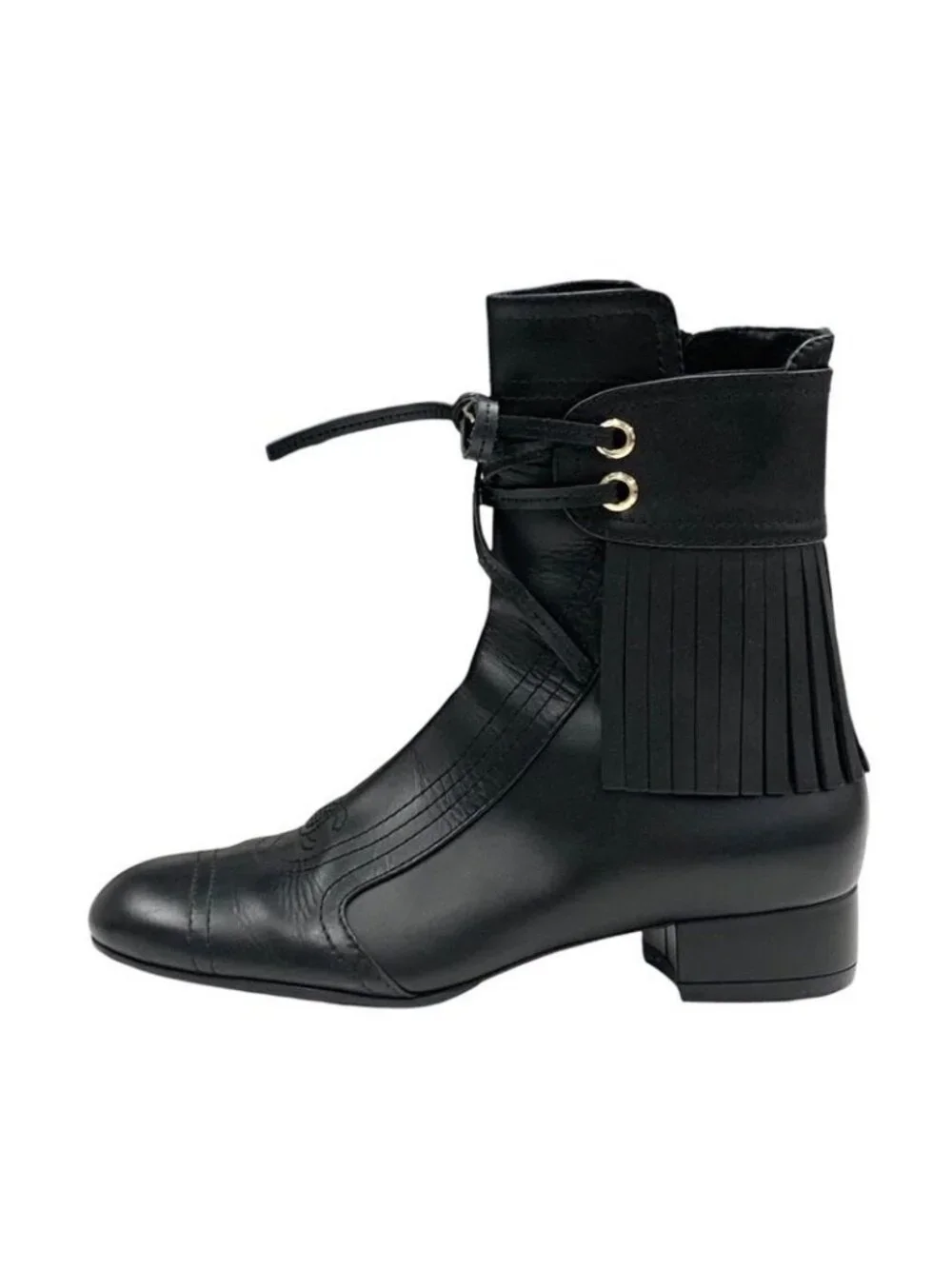 Chanel Boots Short Shoes Leather Black Coco Mark Fringe - Picture 3 of 9